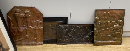 A selection of four copper display panels, to include ‘The GateTower, Herstmonceux’, another similar