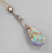 An early 20th century yellow and white metal, pear shaped black opal, rose cut diamond and seed