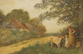 Frederick Hines (fl.1875-1928), watercolour, Figures and calf, a cottage beyond, signed, 37 x 53cm