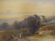 Frank Gresley (1855-1936), watercolour, Figures on a downland track, signed, 44 x 59cm