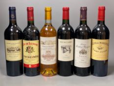 Six bottles of wine: Saint Emilion 2010, Saint Julien 2000, Pauillac 2000, Cotes de Bourg 2006,
