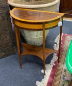 A George III style satinwood banded D shape console table, width 64cm, depth 33cm, height 76cm