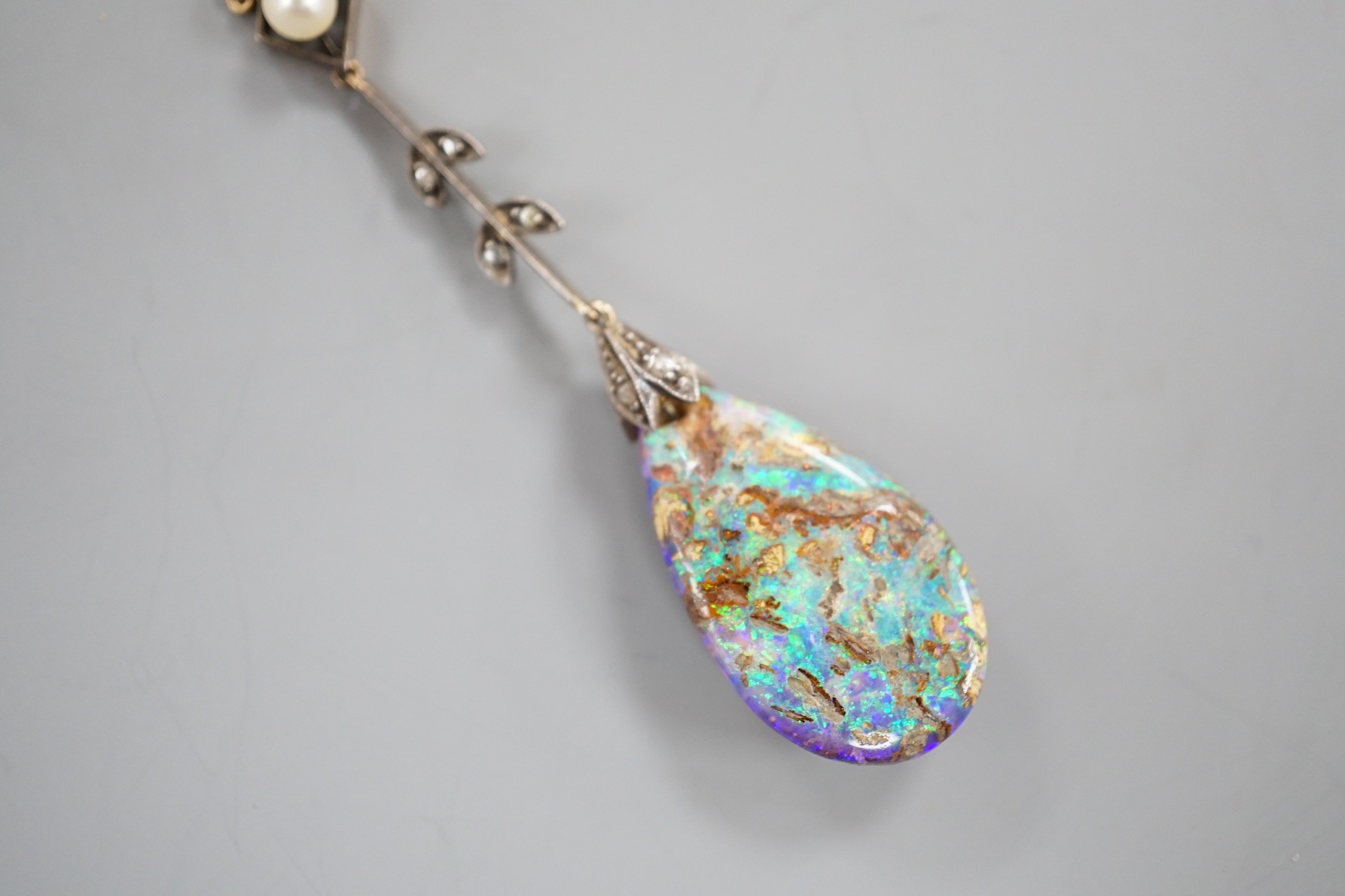 An early 20th century yellow and white metal, pear shaped black opal, rose cut diamond and seed - Image 2 of 6