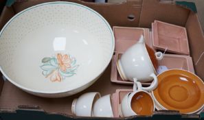 A Susie Cooper large bowl, a hors d'oeuvre set and a tea-for-two set