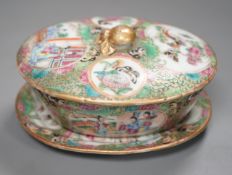 A mid 19th century Chinese famille rose butter dish, cover and stand, dish and cover 9cms high