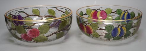 A pair of Bohemian enamelled glass fruit bowls, 23cm diameter