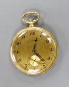 An 18k Longines open face keyless dress pocket watch, wit Arabic dial and subsidiary seconds, case