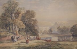 David Cox, O.W.S, (1783-1859), watercolour, Cattle maids in a landscape with abbey ruins beyond,