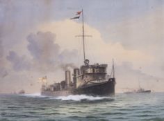 Harold Whitehead, watercolour, WW1 gunboat at sea, signed, 38 x 51 cm.