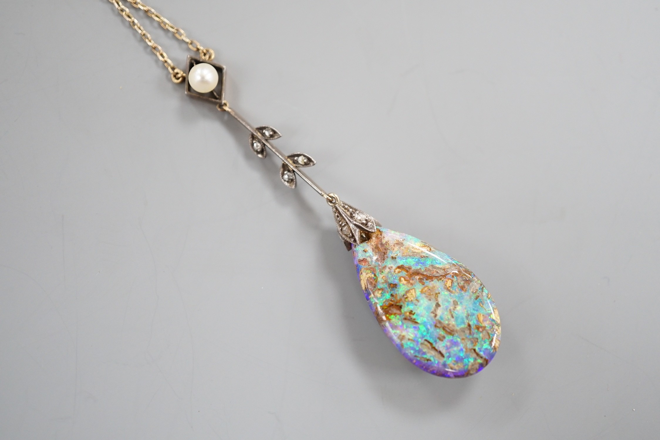 An early 20th century yellow and white metal, pear shaped black opal, rose cut diamond and seed - Image 4 of 6