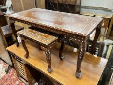 Two Damascan bone inlaid rectangular hardwood occasional tables, larger width 105cm, depth 51cm,