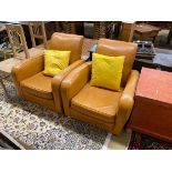 A pair of Art Deco style tan leather club armchairs, width 76cm, depth 80cm, height 78cm