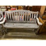 A pair of Alexander Rose weathered teak garden benches, length 155cm, depth 48cm, height 98cm