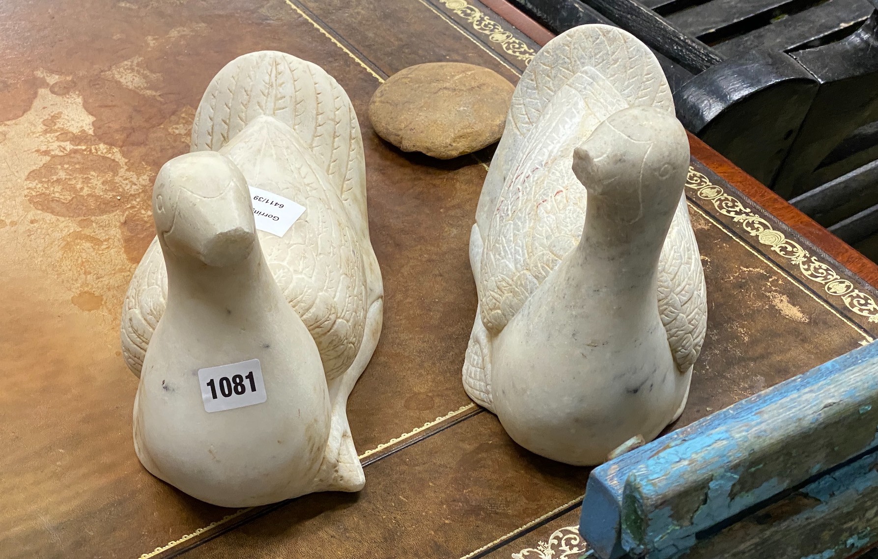 A pair of carved alabaster ducks, length 25cm
