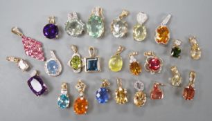 Twenty five assorted modern 9ct gold or 9k and gem set pendants, including amethyst and citrine,