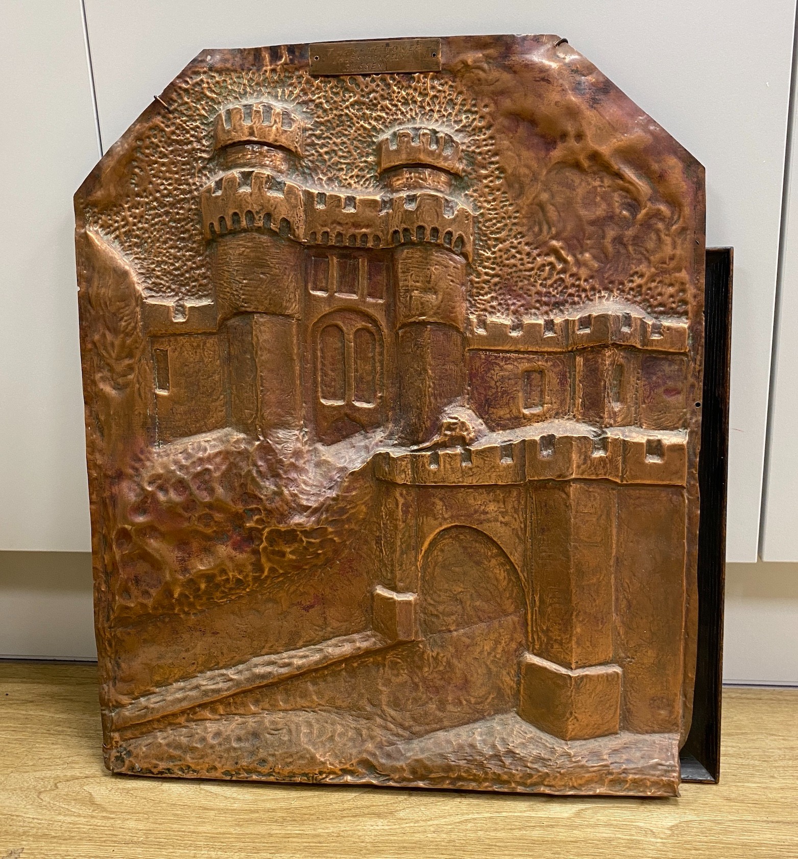 A selection of four copper display panels, to include ‘The GateTower, Herstmonceux’, another similar - Image 4 of 5