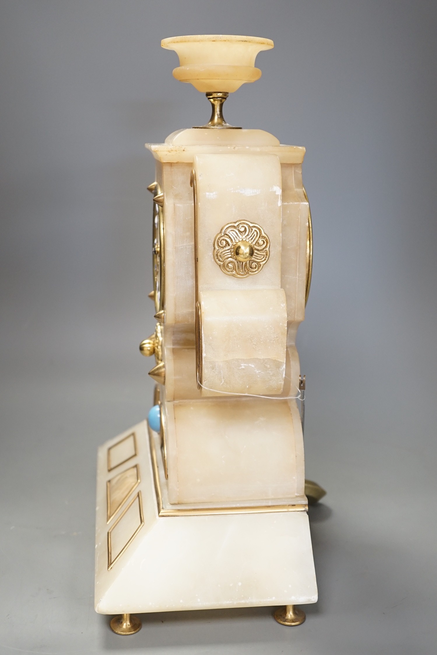 A French Art-Deco style alabaster mantel clock, 39cm tall - Image 3 of 4