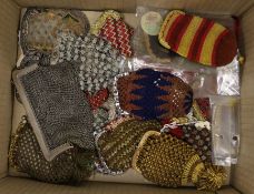 A plated chainmail purse, a metal thread misers purse and a collection of twenty three mixed