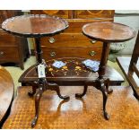 Two Edwardian mahogany tripod wine tables plus and Edwardian inlaid corner elbow chair, larger