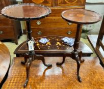 Two Edwardian mahogany tripod wine tables plus and Edwardian inlaid corner elbow chair, larger