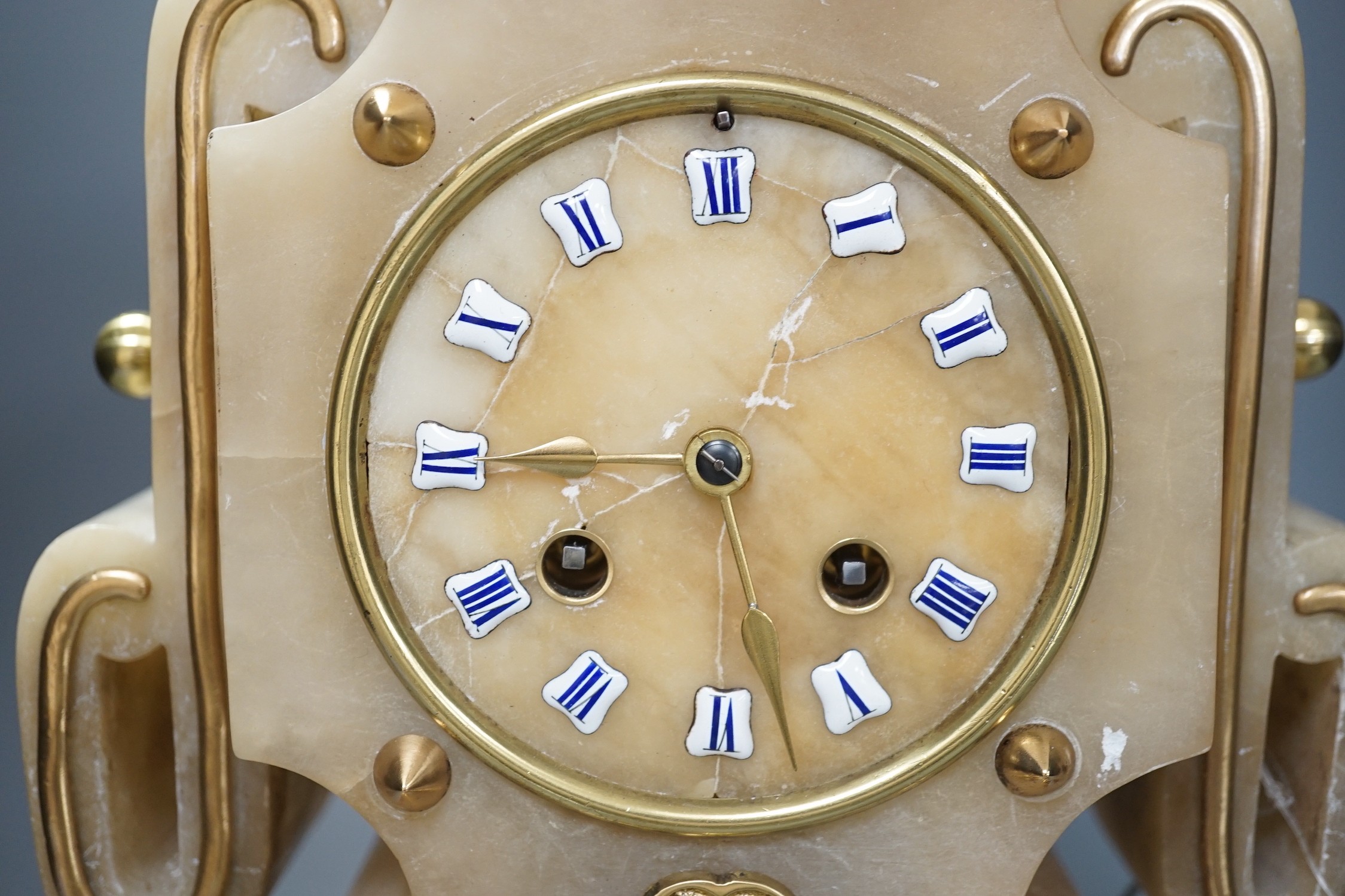 A French Art-Deco style alabaster mantel clock, 39cm tall - Image 2 of 4