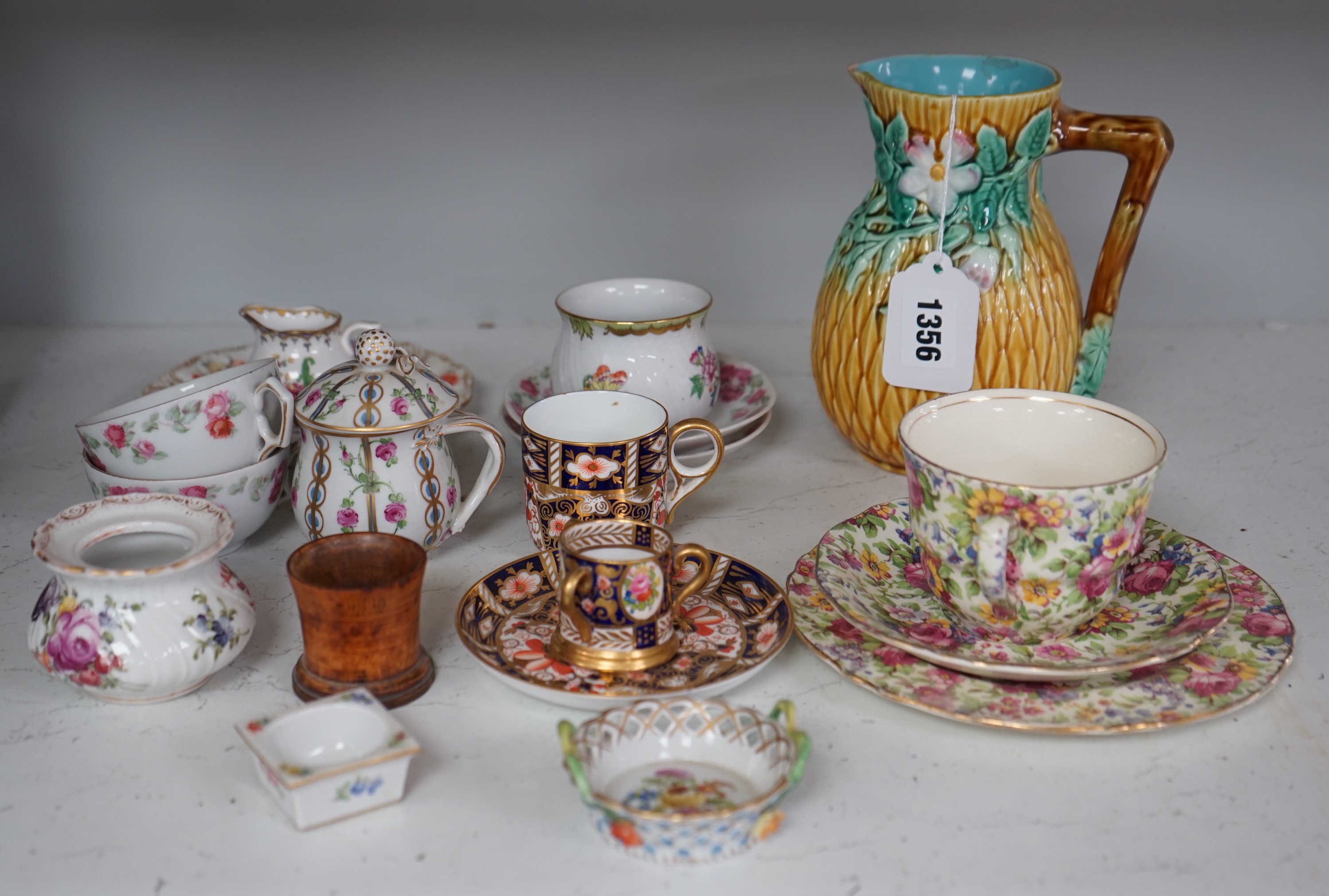 A group of continental porcelain, to include Meissen, Dresden etc. cups, trinkets, jugs, and