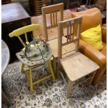 A pair of provincial pine chairs, one other, a pot hanger and vintage tractor seat