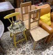 A pair of provincial pine chairs, one other, a pot hanger and vintage tractor seat