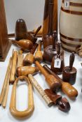 A mixed collection of treen leather and lead working tools etc. tallest 70cm