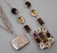 A large continental 925 white metal and multi-gem set rectangular pendant necklace, overall 72cm and