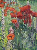 Clemence Dane (1888-1965) oil on canvas, Poppies and Lupins, 91 x 70cm