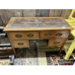 An Edwardian inlaid mahogany kneehole writing table, width 108cm, depth 47cm, height 79cm