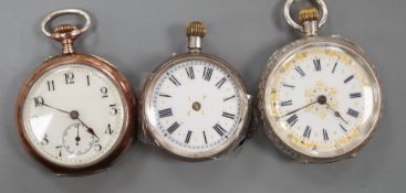 Three assorted fob watches including Swiss 935 standard white metal (a.f.).