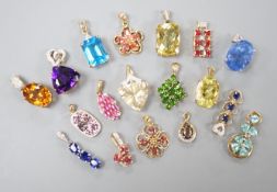 Nineteen assorted modern 9ct gold or yellow metal and gem set pendants, including citrine and