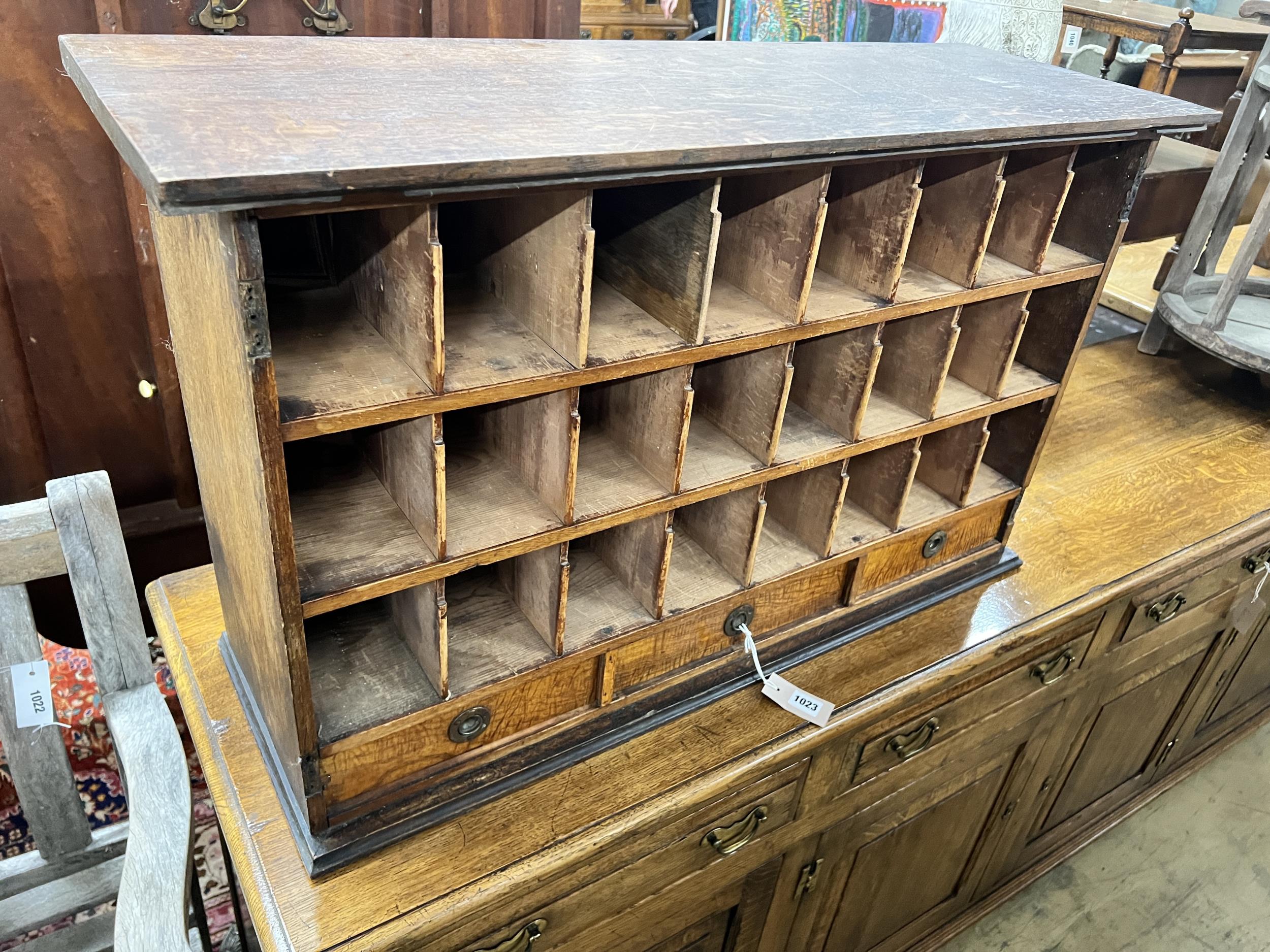 An early 20th century three drawer pigeonhole unit, length 94cm, depth 32cm, height 56cm - Image 2 of 3