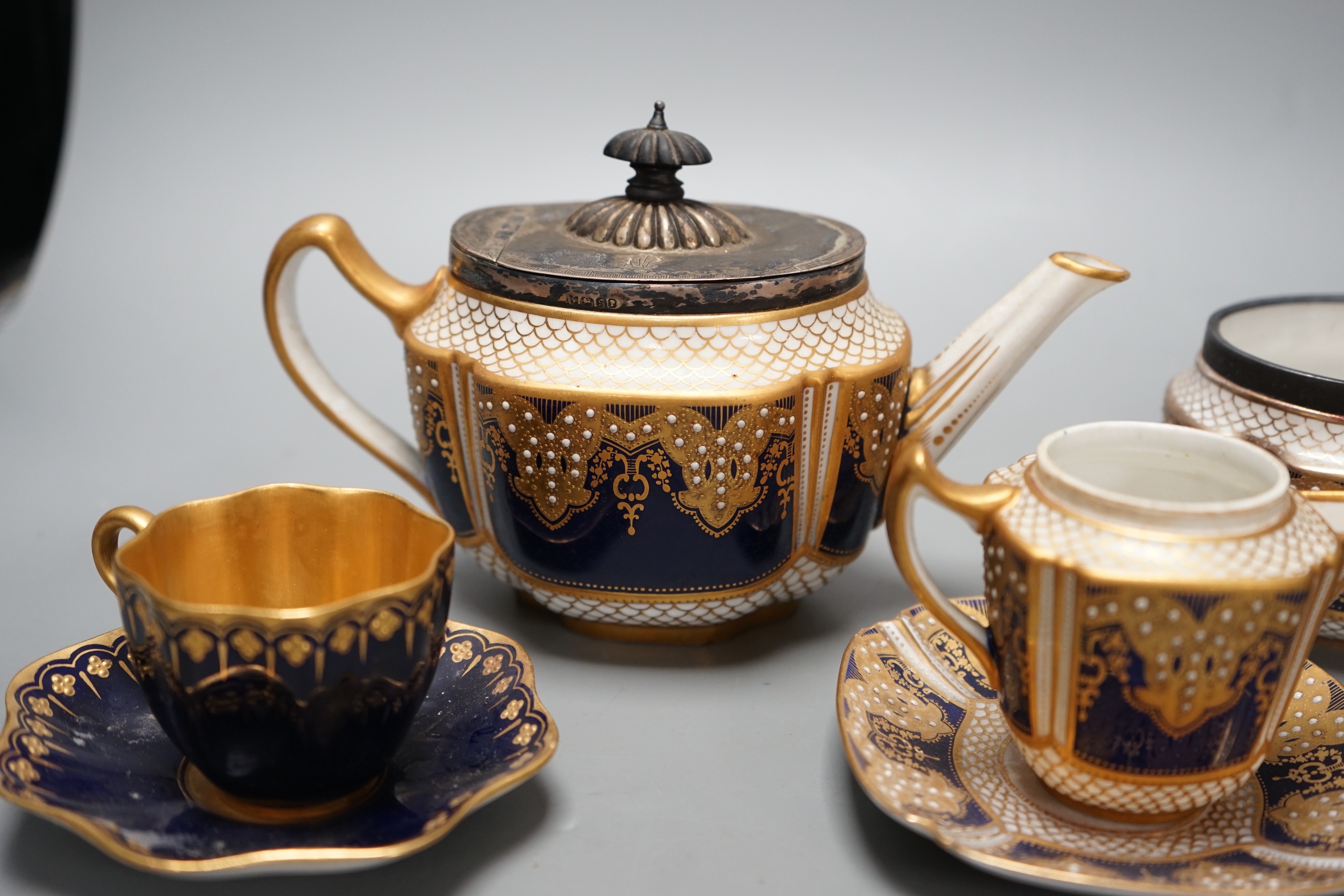 A Victorian Copeland Spode jewelled porcelain part tea set - Image 4 of 6