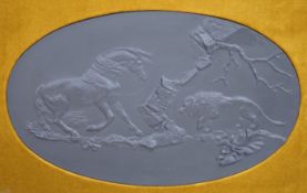 A framed oval Wedgwood black basalt plaque, “ The Frightened Horse”, limited edition 98/250, 39cms