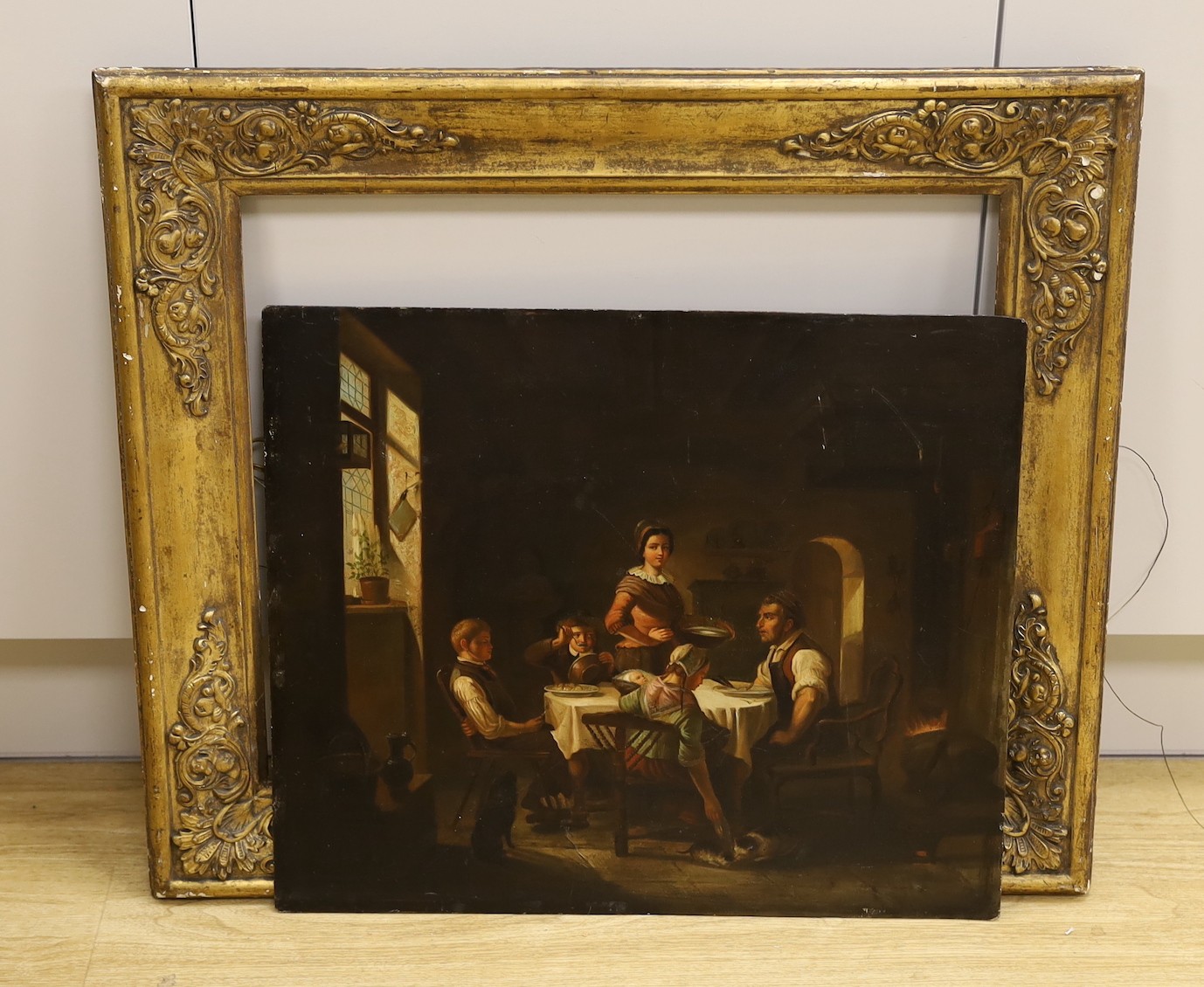 19th century German School, oil on zinc panel, Interior with family around a table, 42 x 49.5cm - Image 2 of 2