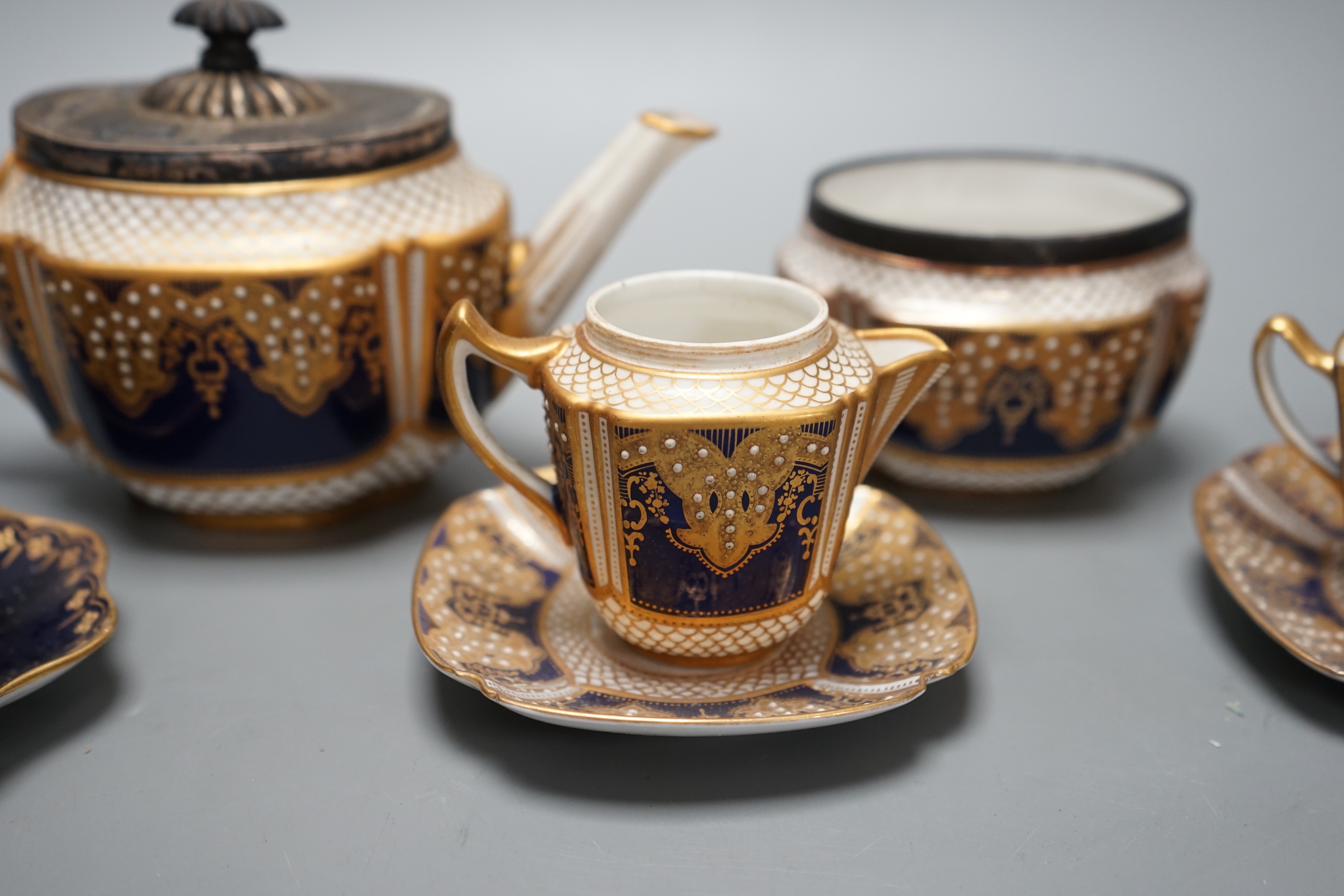 A Victorian Copeland Spode jewelled porcelain part tea set - Image 3 of 6