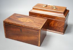 Two George III mahogany tea caddies, one with an inlaid satinwood ribbon and the other, 25cm