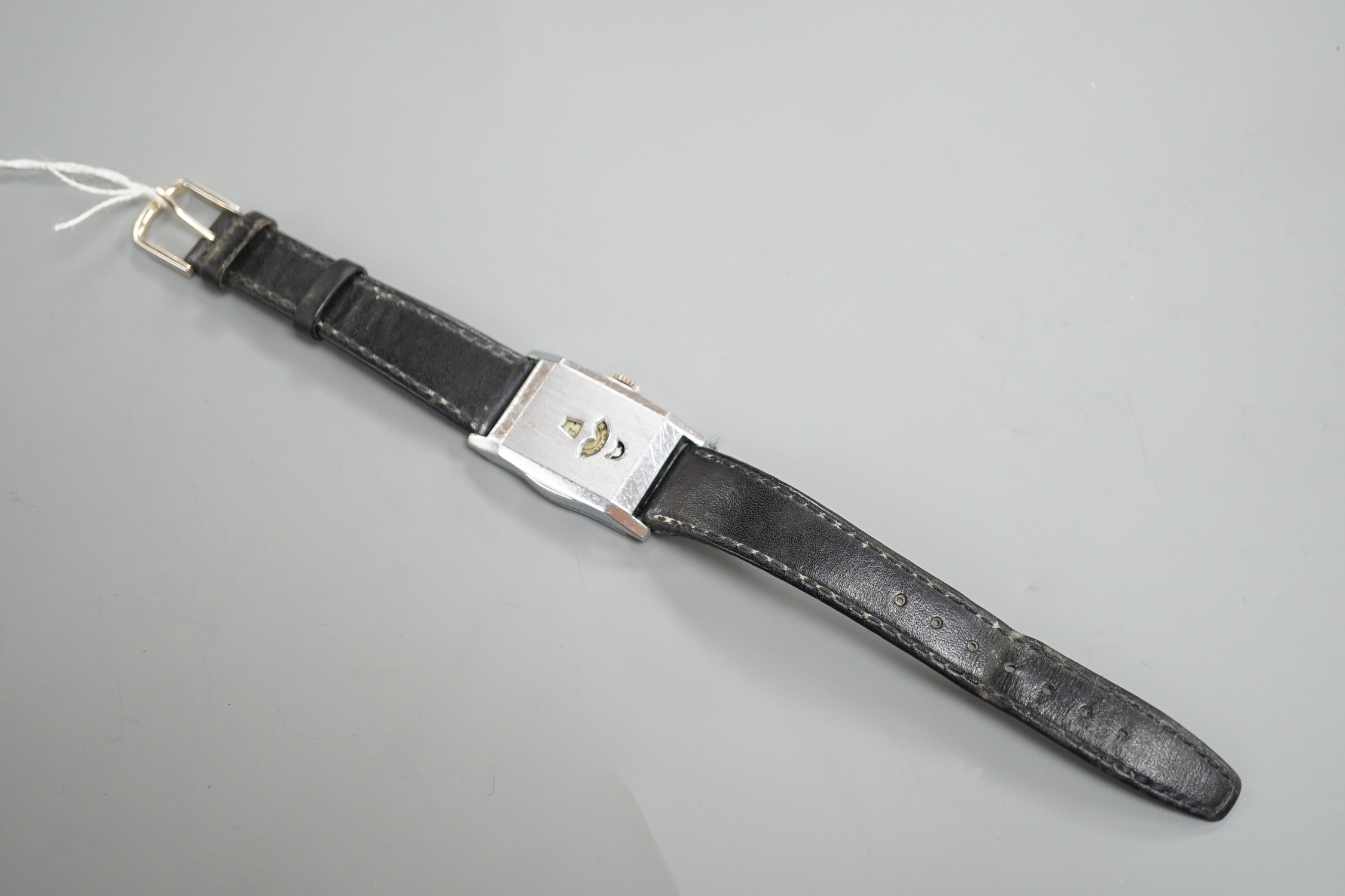 A gentlemen's 1930's? stainless steel jump hour digital manual wind wristwatch, on leather strap. - Image 2 of 4