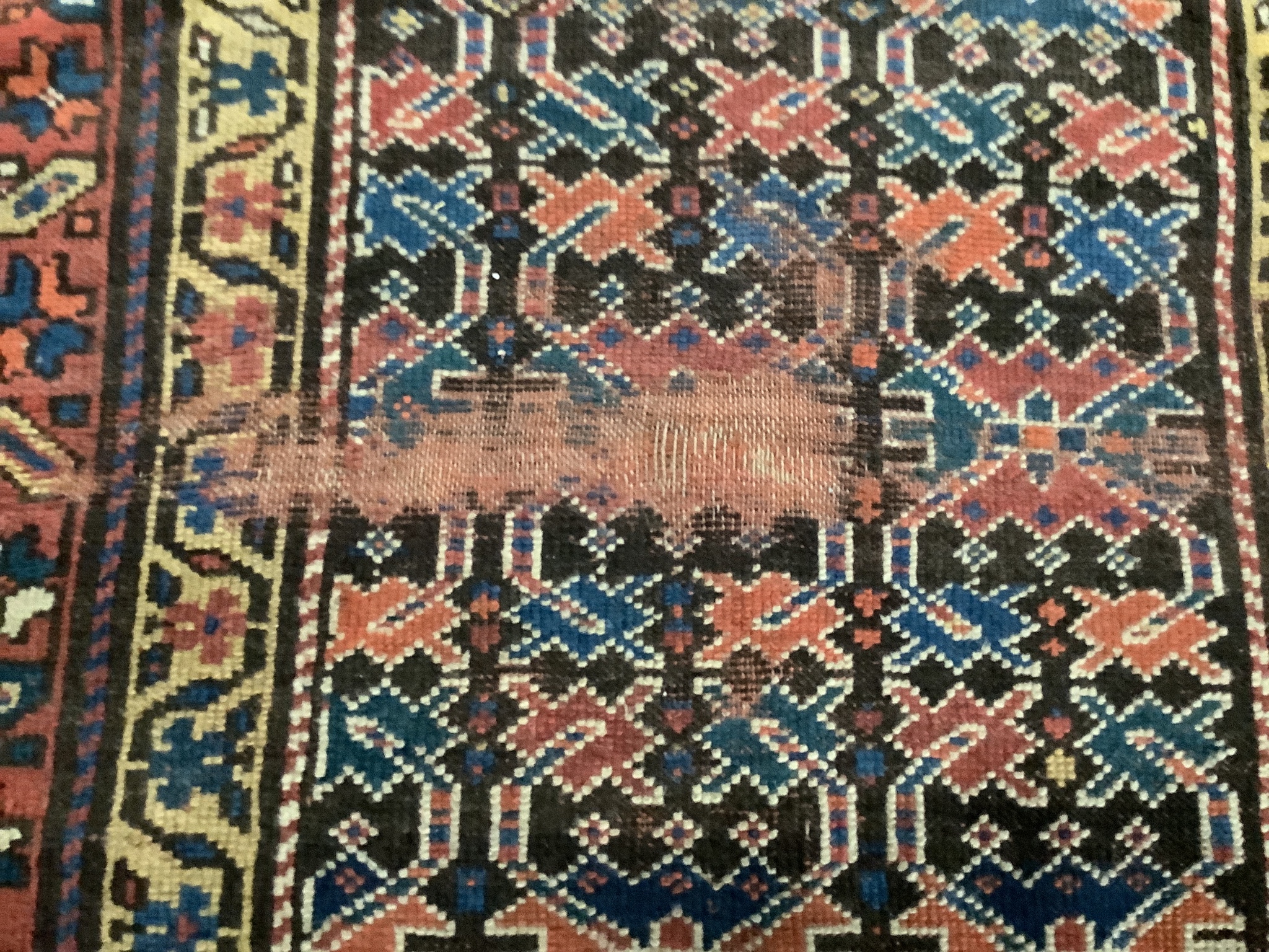An antique Caucasian geometric runner 340 x 104cm, a machined rug and a Kelim rug - Image 2 of 3