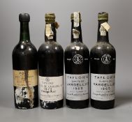 A four bottles of Taylor’s Quinta De Vargellas vintage port, two bottles dated 1965, one dated