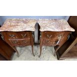 A pair of Louis XVI style inlaid kingwood marble top serpentine bedside chests, width 45cm, depth