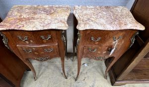 A pair of Louis XVI style inlaid kingwood marble top serpentine bedside chests, width 45cm, depth