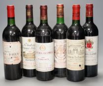Six bottles of wine: Chateau Longville Pauillac Medoc 1979, Chateau Lascombes Margaux 1979,