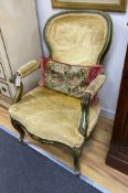 A 19th century French upholstered elbow chair, re-painted, width 60cm, depth 64cm, height 85cm