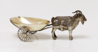 A George V silver and mother of pearl mounted novelty pin cushion, modelled as a goat pulling a