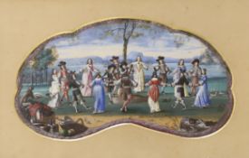 Early 18th century Flemish School, gouache, Figures dancing in a coastal landscape, cartouche