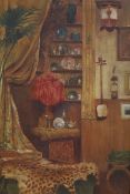A.M. 98, oil on canvas, Orientalist interior with leopard skin rug, monogrammed and dated '98, 59